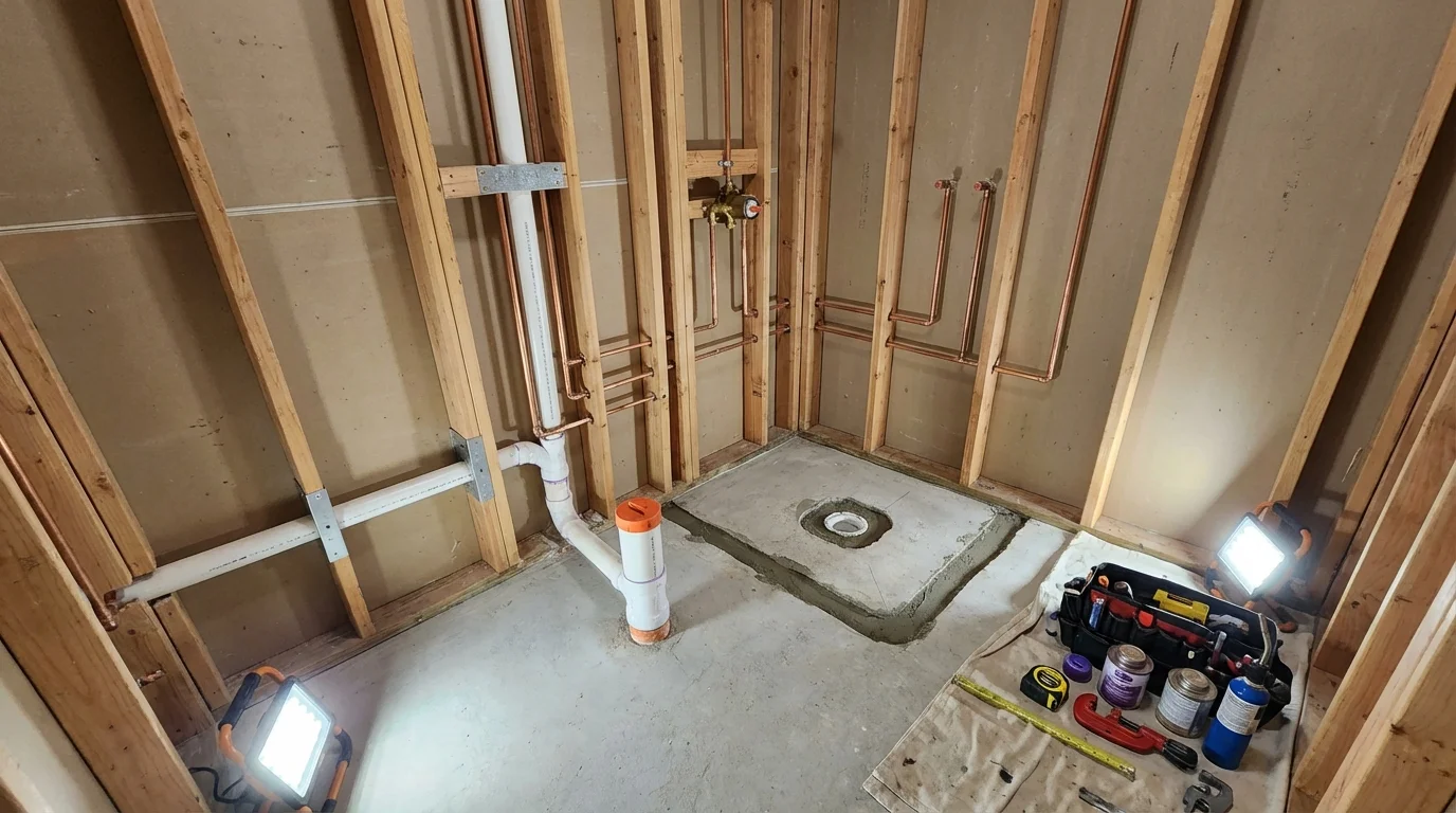 Bathroom rough-in plumbing during remodel by Johns Plumbing LLC in Calhoun