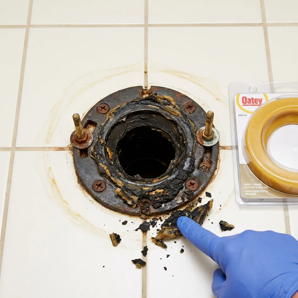 Failed wax ring showing water seepage at the base of a toilet in a Calhoun, KY home